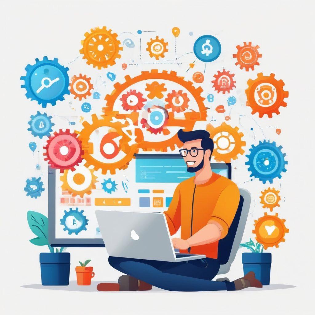 An approachable and friendly web developer sitting at a desk, effortlessly creating a sleek, user-friendly website on a large computer screen. Soft, calming colors fill the background, with icons representing ease-of-use, such as gears, wrenches, and thumbs-up floating around. The atmosphere is inspiring and stress-free, symbolizing the simplicity of the web creation process. vector art. vibrant colors. white background.