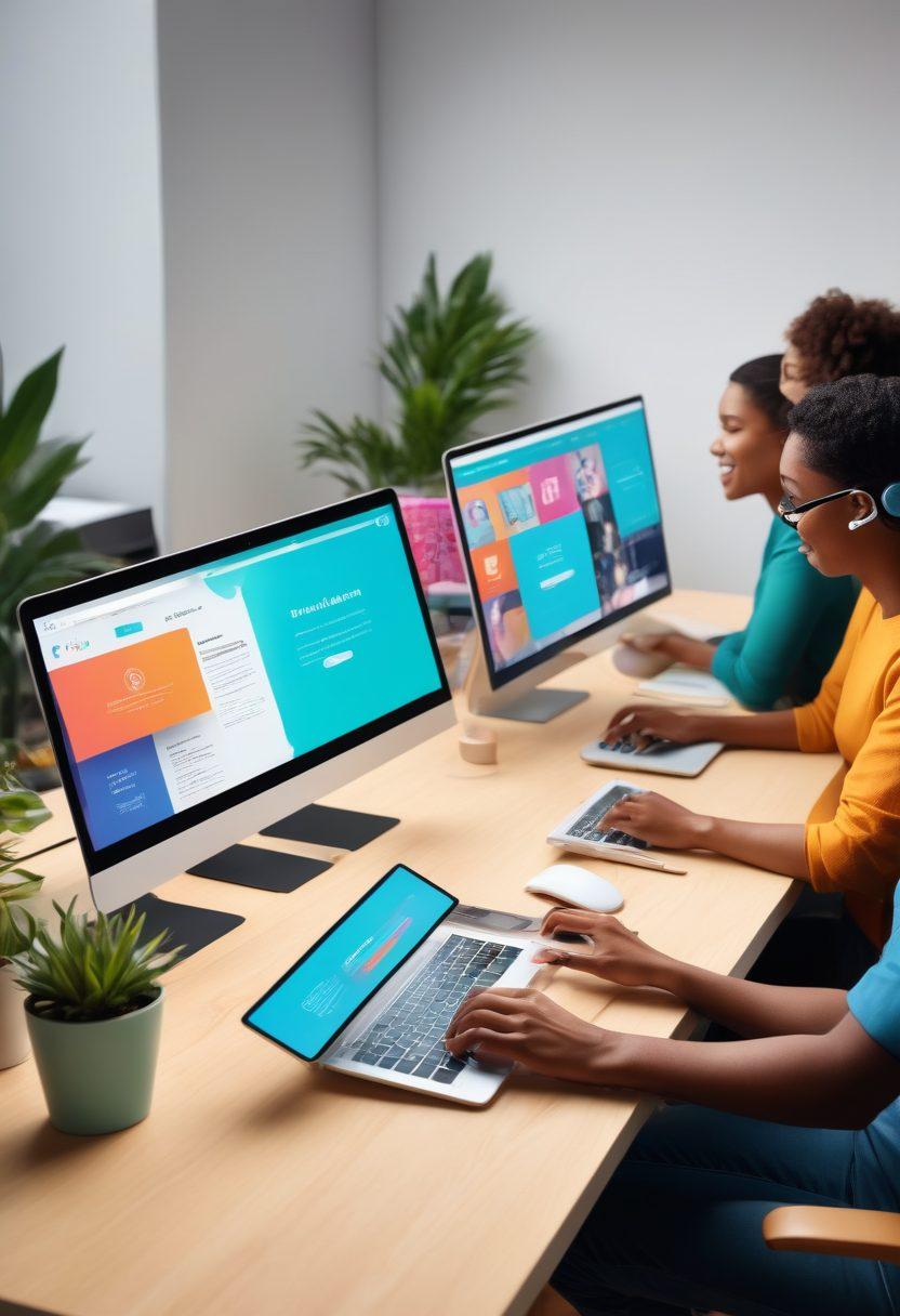 A vibrant and modern workspace with multiple devices (laptop, tablet, smartphone) displaying a seamless and responsive website, highlighting accessibility features like voice commands and screen readers. Include a diverse group of people interacting with the devices, representing inclusivity and empowerment. super-realistic. vibrant colors.