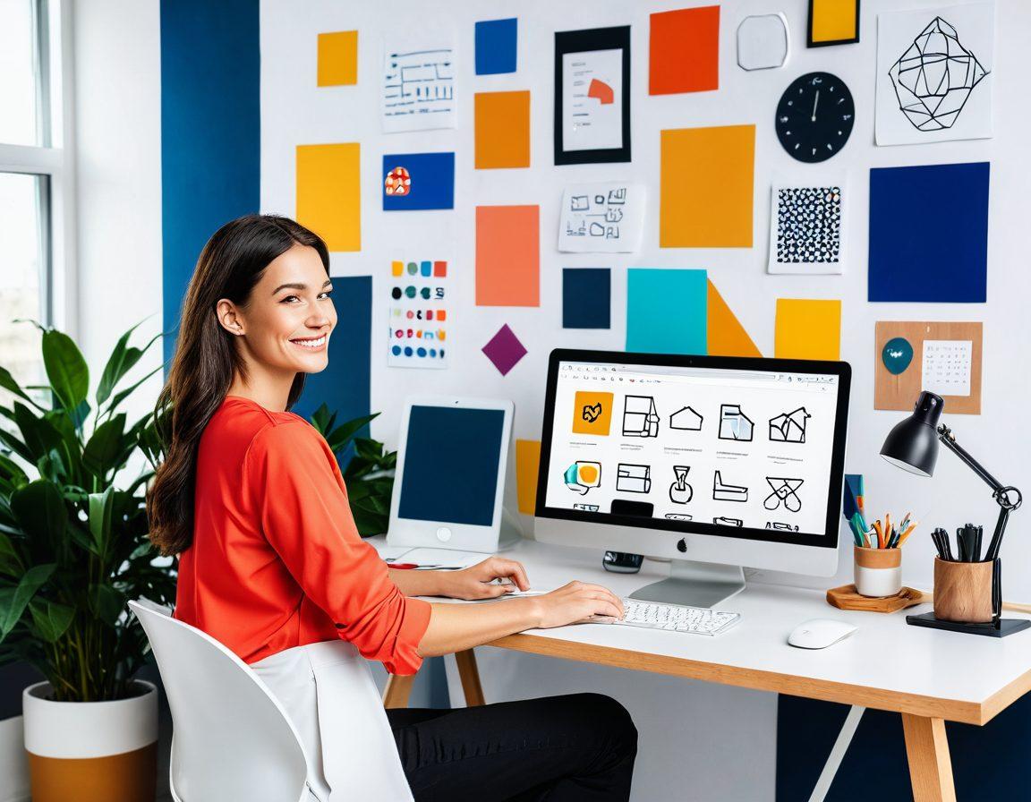 A modern workspace with a sleek computer displaying an easy-to-use web design tool, surrounded by friendly icons and a smiling user. The background features vibrant, simple geometric shapes to symbolize simplicity and ease of use. super-realistic. vibrant colors. minimalist style.